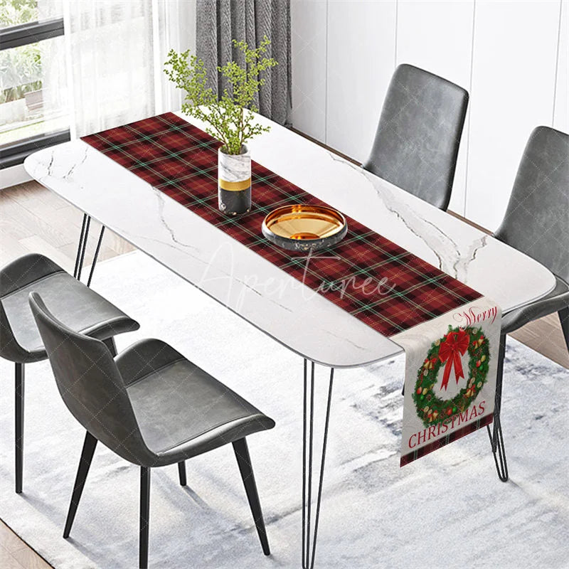Aperturee - Aperturee Christmas Plaid Table Runner Red Tartan with Wreath Merry Christmas Farmhouse Holiday Table Decor