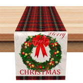 Aperturee - Aperturee Christmas Plaid Table Runner Red Tartan with Wreath Merry Christmas Farmhouse Holiday Table Decor