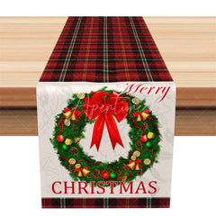 Aperturee - Aperturee Christmas Plaid Table Runner Red Tartan with Wreath Merry Christmas Farmhouse Holiday Table Decor
