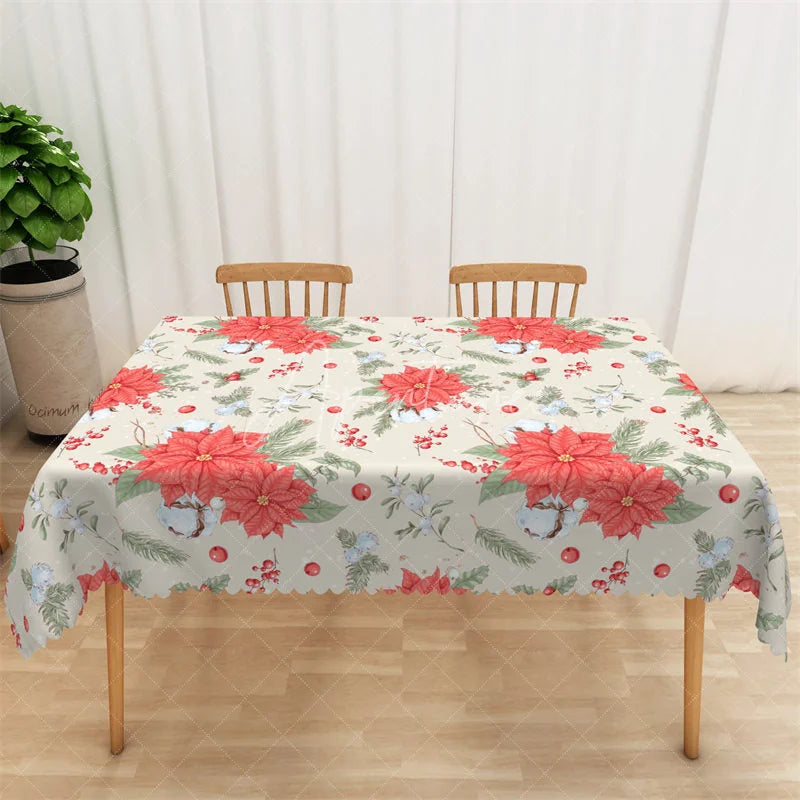 Aperturee - Aperturee Christmas Poinsettia Rectangle Tablecloth Beige with Red Flowers White Birds Holiday Table Cover