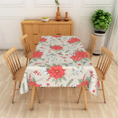 Aperturee - Aperturee Christmas Poinsettia Rectangle Tablecloth Beige with Red Flowers White Birds Holiday Table Cover