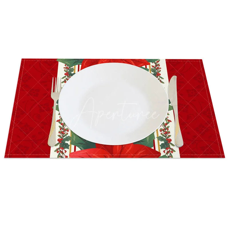 Aperturee - Aperturee Christmas Poinsettia Set of 4 Placemats Red Flower Table Runner Design Elegant Holiday Table Mats
