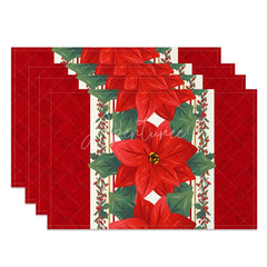 Aperturee - Aperturee Christmas Poinsettia Set of 4 Placemats Red Flower Table Runner Design Elegant Holiday Table Mats