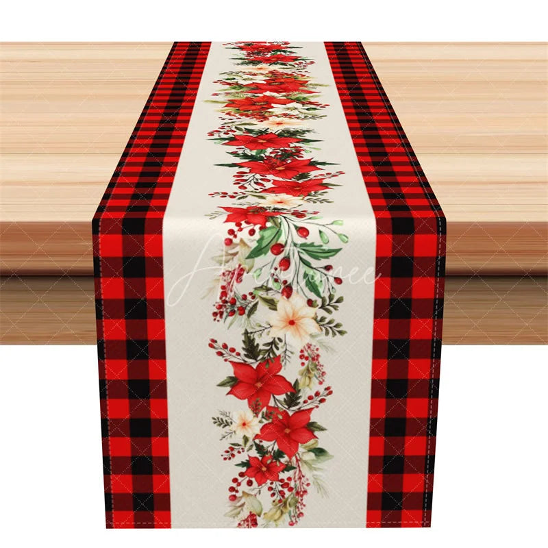 Aperturee - Aperturee Christmas Poinsettia Table Runner White Runner with Red Buffalo Plaid Border Farmhouse Table Decor