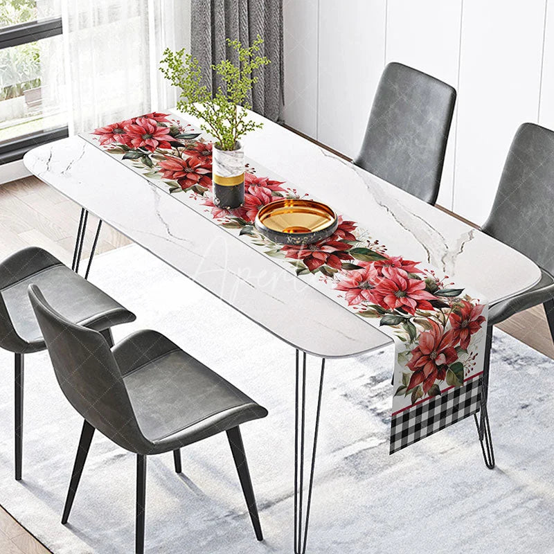 Aperturee - Aperturee Christmas Poinsettia with Black Buffalo Plaid Table Runner Red Floral Farmhouse Holiday Decor