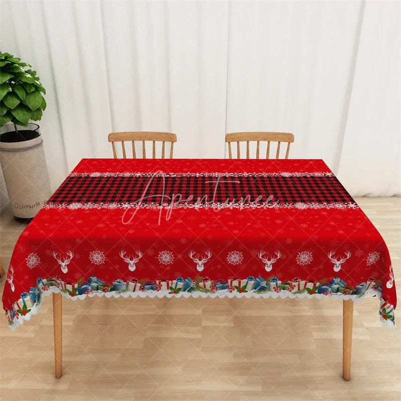 Aperturee - Aperturee Christmas Rectangle Tablecloth Red with Buffalo Plaid Runner Snowflake Border Farmhouse Table Cover