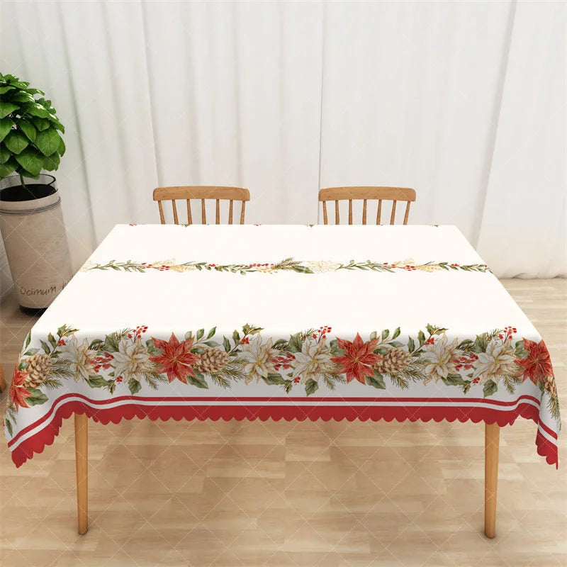 Aperturee - Aperturee Christmas Rectangle Tablecloth White with Poinsettia Garland Elegant Holiday Table Cover Decor
