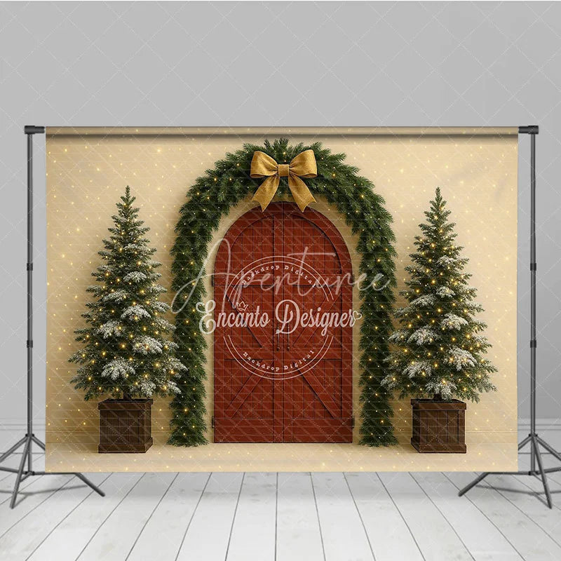 Aperturee - Aperturee Christmas Red Barn Door Photography Backdrop Rustic Garland Arch with Trees Farmhouse Holiday Photo Background