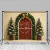 Aperturee - Aperturee Christmas Red Barn Door Photography Backdrop Rustic Garland Arch with Trees Farmhouse Holiday Photo Background