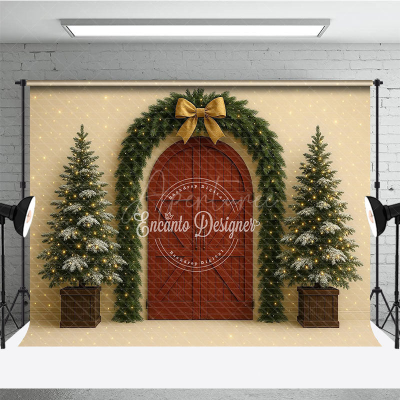 Aperturee - Aperturee Christmas Red Barn Door Photography Backdrop Rustic Garland Arch with Trees Farmhouse Holiday Photo Background