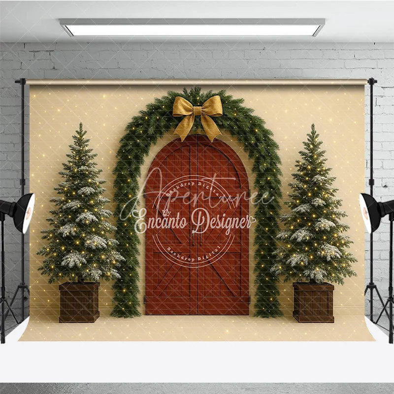 Aperturee - Aperturee Christmas Red Barn Door Photography Backdrop Rustic Garland Arch with Trees Farmhouse Holiday Photo Background