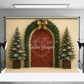 Aperturee - Aperturee Christmas Red Barn Door Photography Backdrop Rustic Garland Arch with Trees Farmhouse Holiday Photo Background