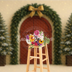 Aperturee - Aperturee Christmas Red Barn Door Photography Backdrop Rustic Garland Arch with Trees Farmhouse Holiday Photo Background