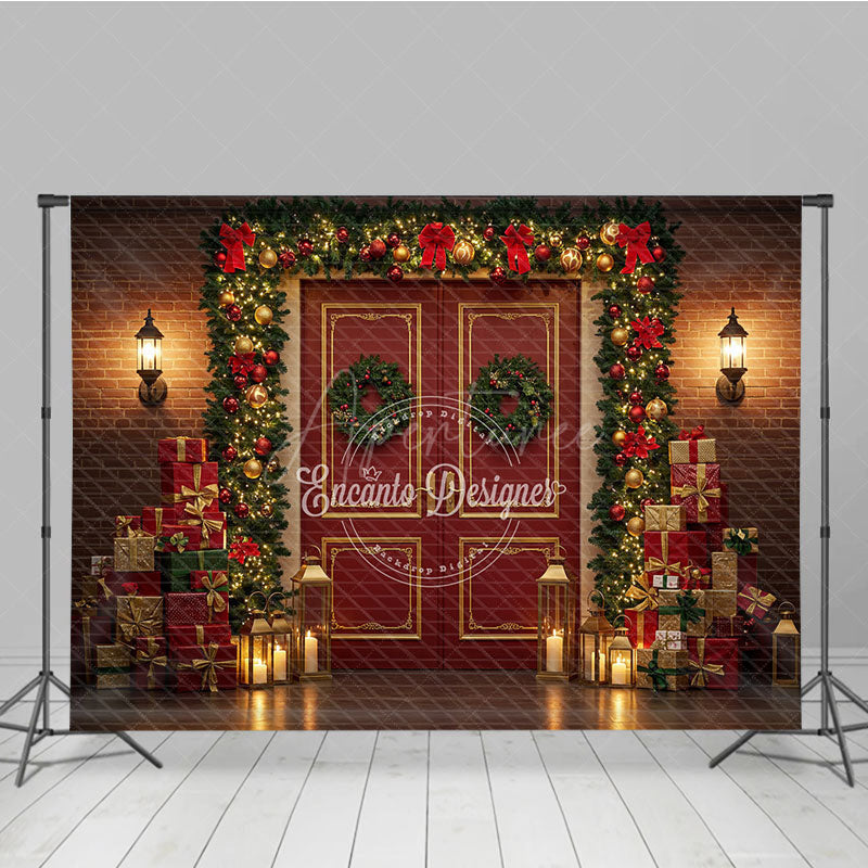 Aperturee - Aperturee Christmas Red Door Photography Backdrop Brick Wall with Garland and Presents Holiday Mini Session Background