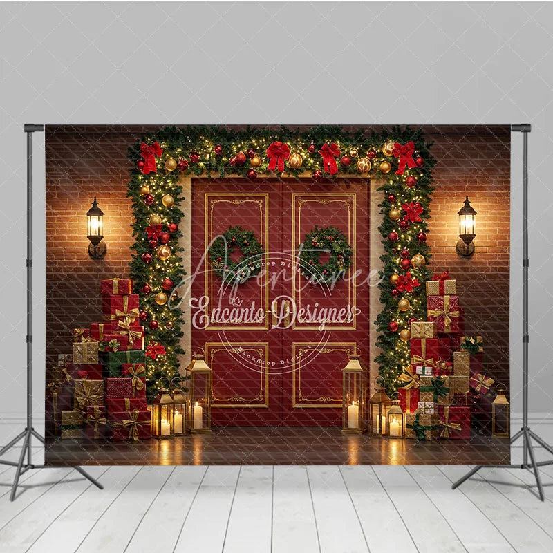 Aperturee - Aperturee Christmas Red Door Photography Backdrop Brick Wall with Garland and Presents Holiday Mini Session Background