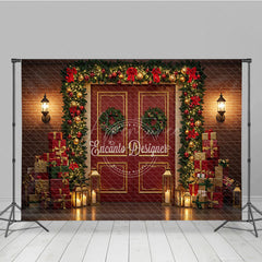 Aperturee - Aperturee Christmas Red Door Photography Backdrop Brick Wall with Garland and Presents Holiday Mini Session Background