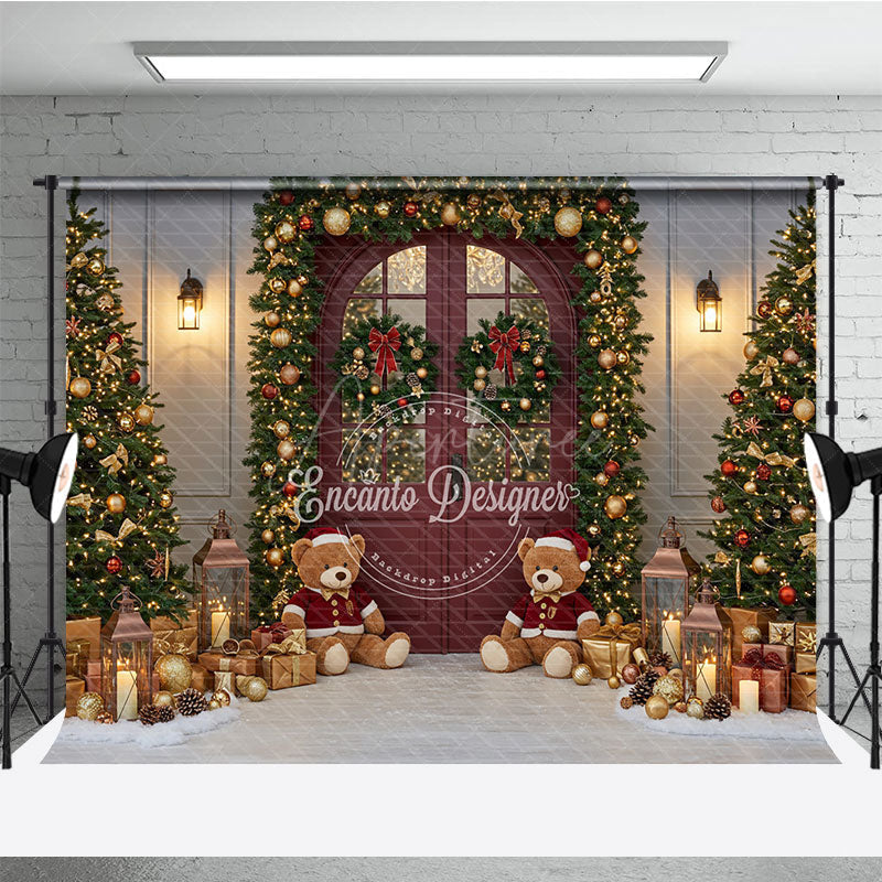 Aperturee - Aperturee Christmas Red Door Photography Backdrop Teddy Bears in the Snow with Garland Holiday Mini Session Background