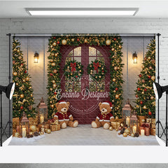 Aperturee - Aperturee Christmas Red Door Photography Backdrop Teddy Bears in the Snow with Garland Holiday Mini Session Background