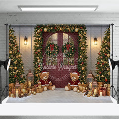 Aperturee - Aperturee Christmas Red Door Photography Backdrop Teddy Bears in the Snow with Garland Holiday Mini Session Background