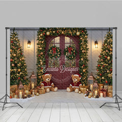Aperturee - Aperturee Christmas Red Door Photography Backdrop Teddy Bears in the Snow with Garland Holiday Mini Session Background