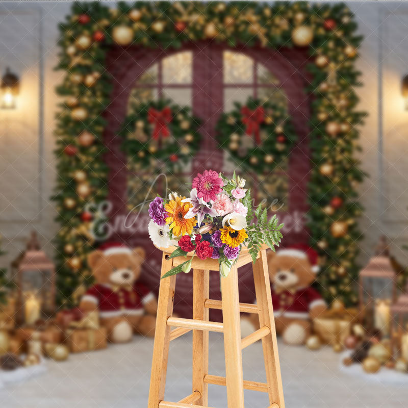 Aperturee - Aperturee Christmas Red Door Photography Backdrop Teddy Bears in the Snow with Garland Holiday Mini Session Background