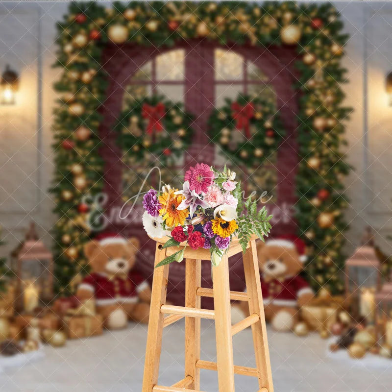 Aperturee - Aperturee Christmas Red Door Photography Backdrop Teddy Bears in the Snow with Garland Holiday Mini Session Background