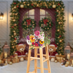 Aperturee - Aperturee Christmas Red Door Photography Backdrop Teddy Bears in the Snow with Garland Holiday Mini Session Background