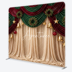 Aperturee - Aperturee Christmas Red Green Drapes Square Double-Sided Backdrop Velvet Wreaths Golden Bells Stars for Holiday Decor