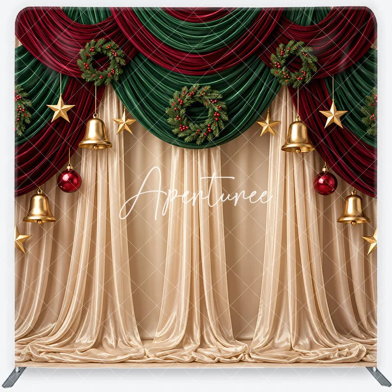 Aperturee - Aperturee Christmas Red Green Drapes Square Double-Sided Backdrop Velvet Wreaths Golden Bells Stars for Holiday Decor