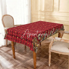 Aperturee - Aperturee Christmas Red Plaid Golden Stars Rectangle Tablecloth Nativity Scene Holiday Dinner Party Decor