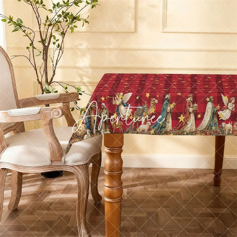 Aperturee - Aperturee Christmas Red Plaid Golden Stars Rectangle Tablecloth Nativity Scene Holiday Dinner Party Decor