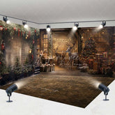 Aperturee - Aperturee Christmas Reindeer Barn Room Set Backdrop Rustic Vintage Interior Tree Wood Floor Photography Prop