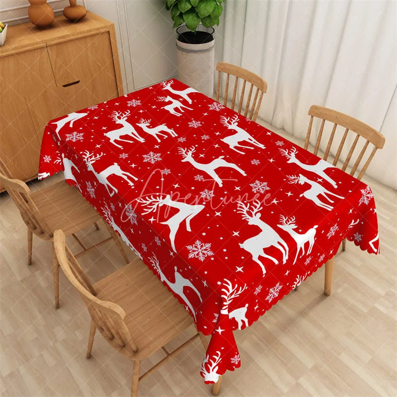 Aperturee - Aperturee Christmas Reindeer Rectangle Tablecloth Red with White Deer Silhouette Snowflake Winter Holiday Table Cover