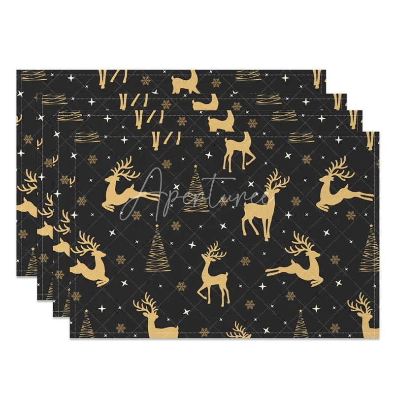 Aperturee - Aperturee Christmas Reindeer Set of 4 Placemats Black and Gold Deer Elegant Xmas Tree Holiday Table Mats