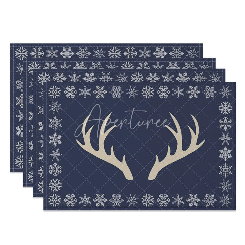 Aperturee - Aperturee Christmas Reindeer Set of 4 Placemats Navy Blue with Antlers Snowflake Border Winter Table Mats