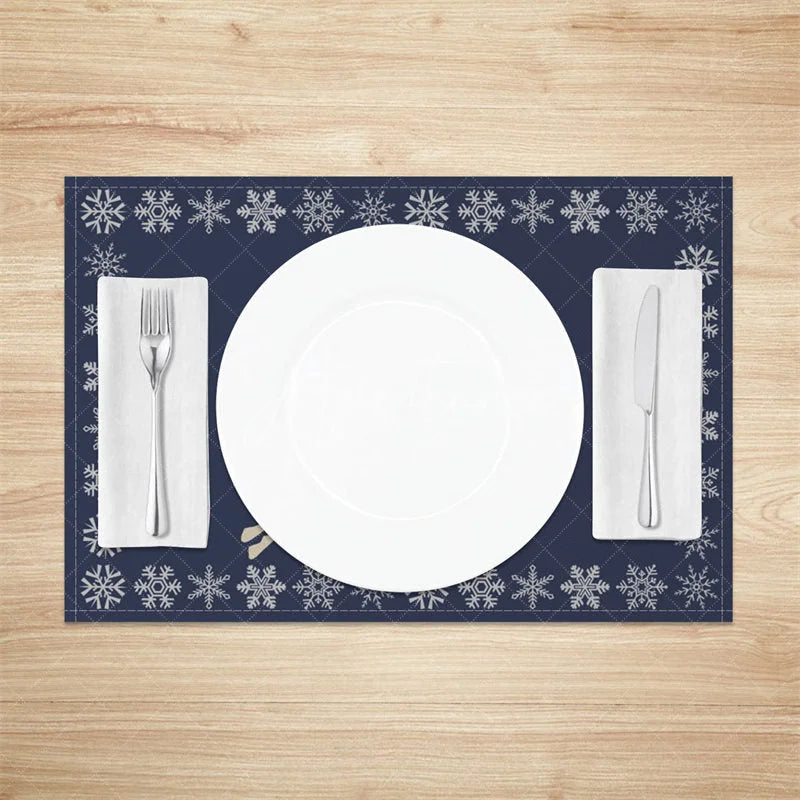 Aperturee - Aperturee Christmas Reindeer Set of 4 Placemats Navy Blue with Snowflake Border Winter Holiday Table Mats Decor