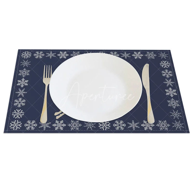Aperturee - Aperturee Christmas Reindeer Set of 4 Placemats Navy Blue with Snowflake Border Winter Holiday Table Mats Decor