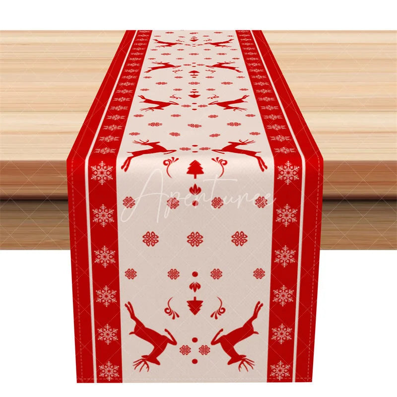 Aperturee - Aperturee Christmas Reindeer Table Runner Red with Beige Border Red Deer Silhouette Snowflake Holiday Table Decor