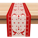 Aperturee - Aperturee Christmas Reindeer Table Runner Red with Beige Border Red Deer Silhouette Snowflake Holiday Table Decor