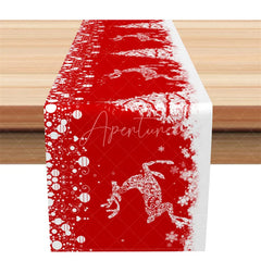 Aperturee - Aperturee Christmas Reindeer Table Runner Red with White Deer Silhouette Splatter Snowflake Holiday Table Decor