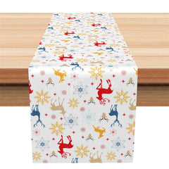 Aperturee - Aperturee Christmas Reindeer Table Runner White with Colorful Deer Red Blue Gold Snowflakes Holiday Table Decor