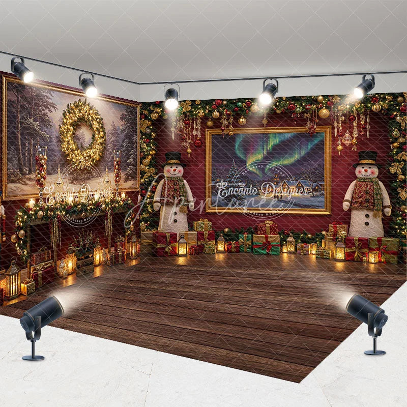 Aperturee - Aperturee Christmas Room Set Backdrop Aurora Borealis Window View Snowman and Fireplace Photo Props