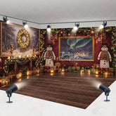Aperturee - Aperturee Christmas Room Set Backdrop Aurora Borealis Window View Snowman and Fireplace Photo Props