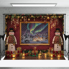 Aperturee - Aperturee Christmas Room Set Backdrop Aurora Borealis Window View Snowman and Fireplace Photo Props
