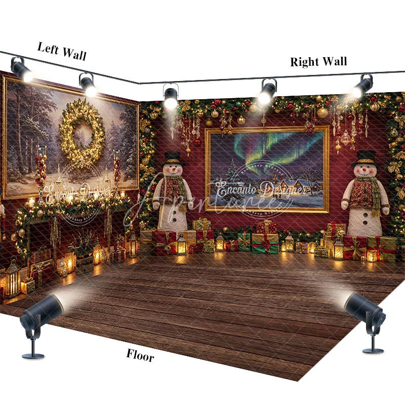 Aperturee - Aperturee Christmas Room Set Backdrop Aurora Borealis Window View Snowman and Fireplace Photo Props