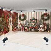 Aperturee - Aperturee Christmas Room Set Backdrop Festive Trees and Wreaths with Nutcrackers and Toy Train Holiday Party Decor