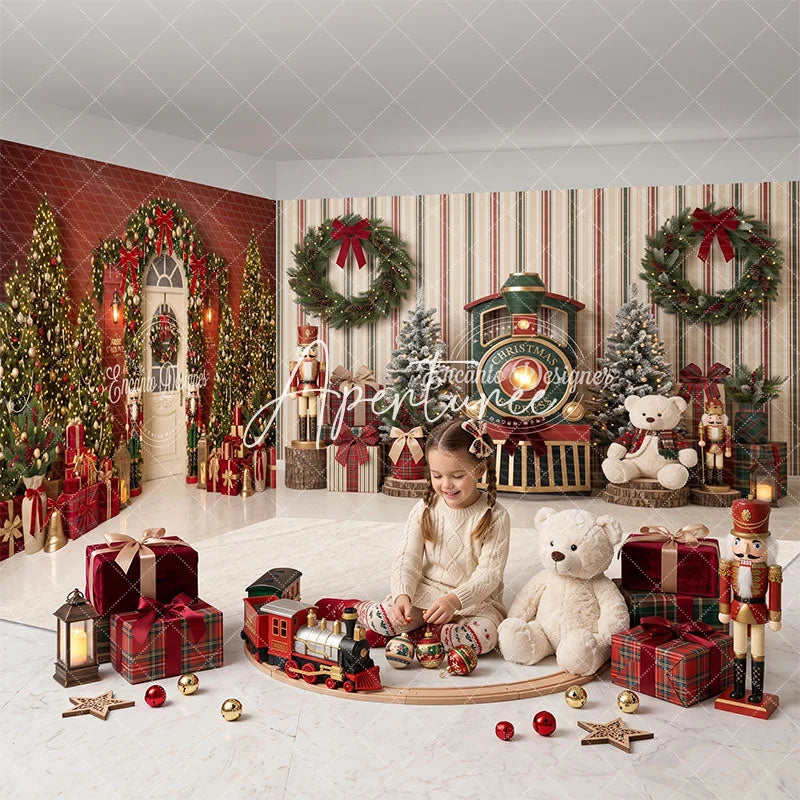 Aperturee - Aperturee Christmas Room Set Backdrop Festive Trees and Wreaths with Nutcrackers and Toy Train Holiday Party Decor