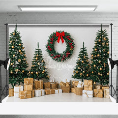 Aperturee - Aperturee Christmas Room Set Backdrop Gold Ornament Tree Gift Box Photography Background
