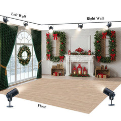 Aperturee - Aperturee Christmas Room Set Backdrop Interior Fireplace Green Curtain Window Photography Background
