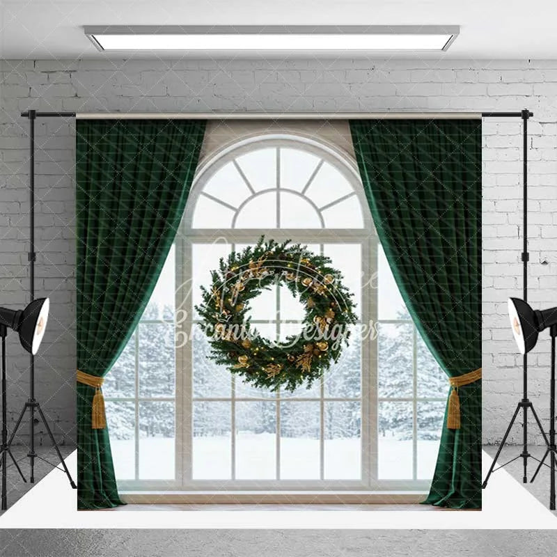 Aperturee - Aperturee Christmas Room Set Backdrop Interior Fireplace Green Curtain Window Photography Background